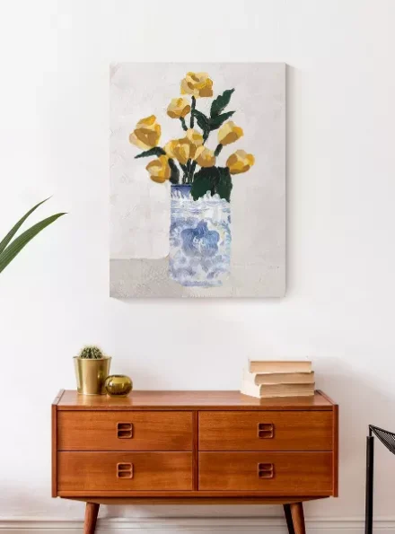 Yellow Florals in Blue Vase 18x24 Canvas Wall Art - Image 3